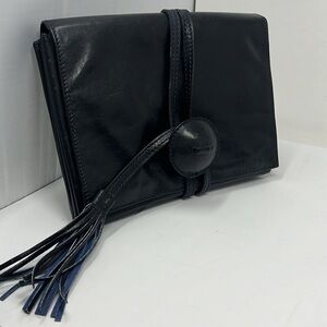 Barneys New York Black Leather Accordion Large Wrap Around Tassel Clutch Bag